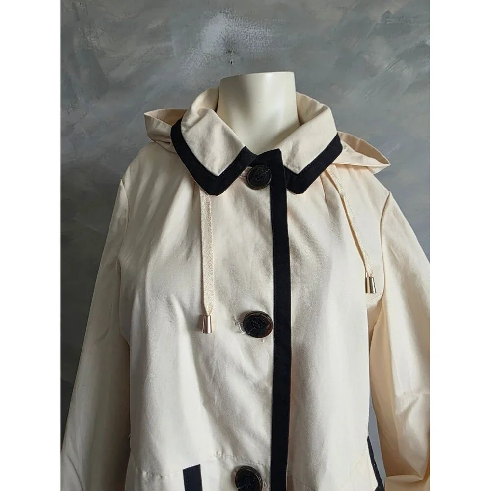 Kate Spade Single Breasted Pale Yellow & Navy Blue Hooded Trench Coat Sz L
